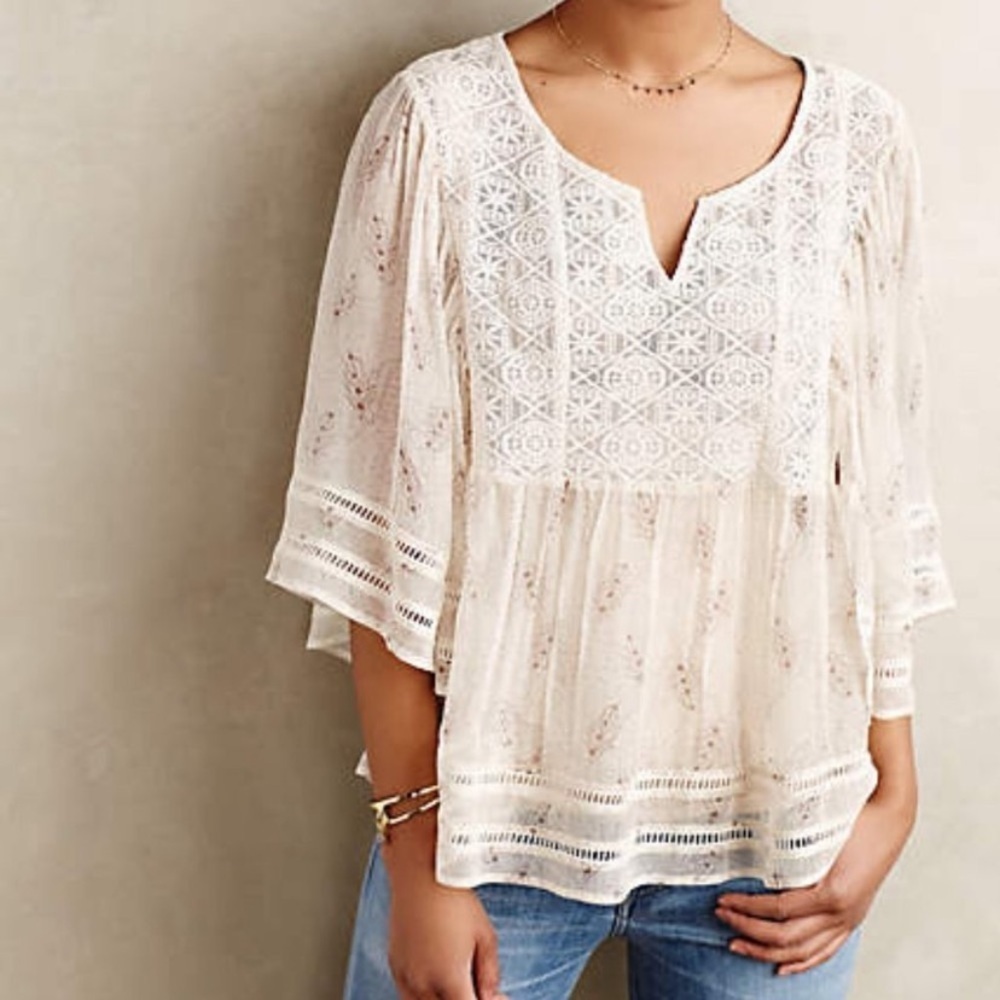 Anthropologie Meadow Rue Silk Embroidered Ivory Peasant Blouse size Small